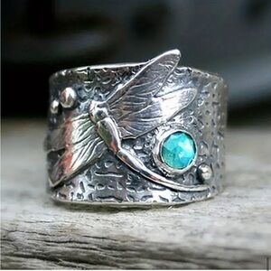 Dragonfly Ring Hammered Metal Style Blue Rhinestone Silver Tone Size 8